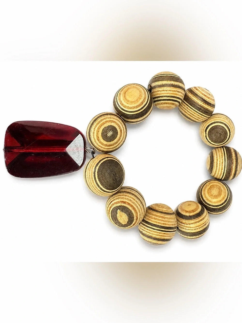 Vintage Wooden Bead Stretch Bracelet w/ Faceted Red Acrylic Dangle Charm‎